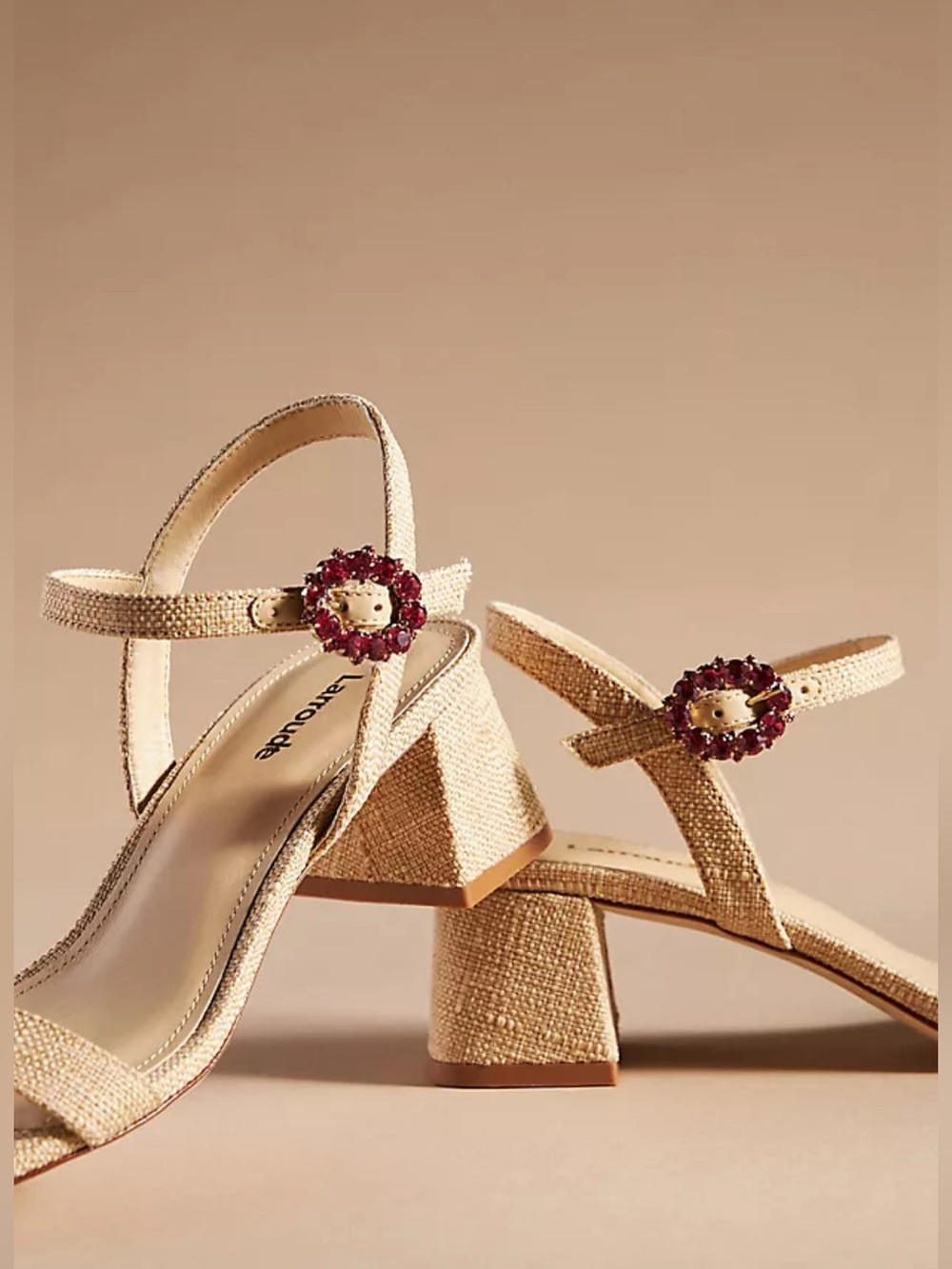 Larroudé Selena 45MM Raffia
Block-Heel Sandals, Beige Rhinestone Buckle; Size: 8